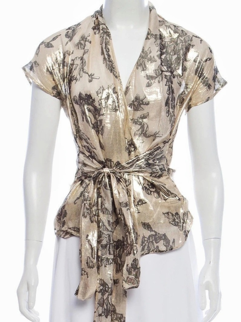 ETRO Champagne Gold & Black Silk Wrap Blouse Size: M | US6, IT42